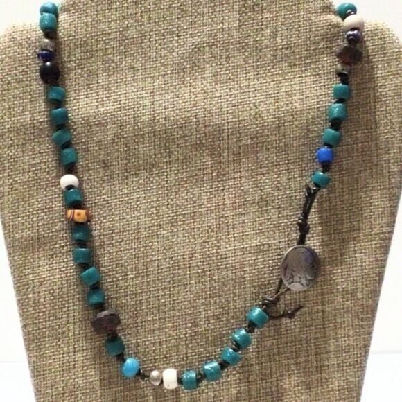 Vintage Boho Glass & Polymer Clay Beaded Necklace Leather Cord 21" - Picture 3 of 6